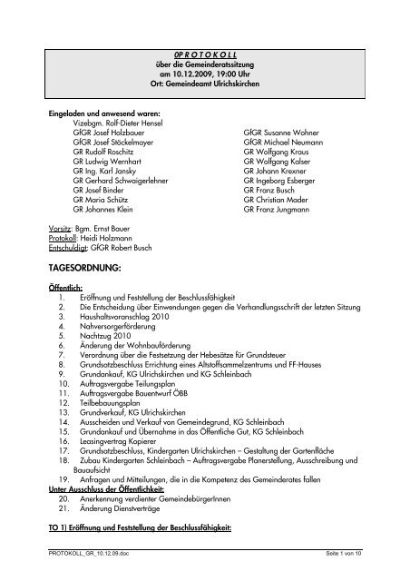 6. GR Protokoll vom 10.12.2009 (75 KB) - .PDF - Ulrichskirchen ...