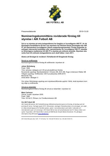 Nomineringskommitténs reviderade förslag till styrelse i AIK Fotboll AB