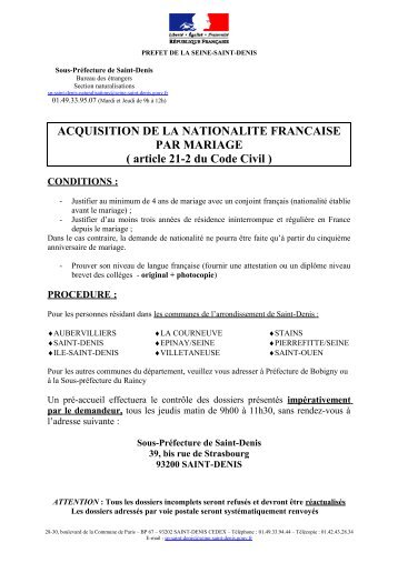 naturalisation par mariage - arrondissement de Saint-Denis - 0,12 Mb