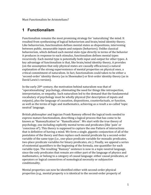 Must Functionalists be Aristotelians? - Robert C. Koons