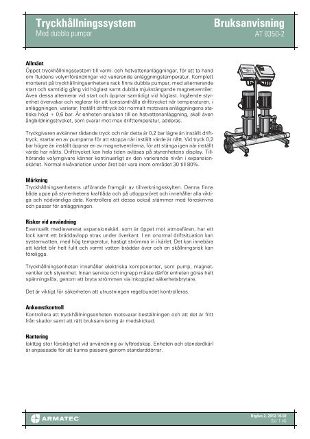 Bruksanvisningför Tryckhållningssystem - Med dubbla ... - Armatec