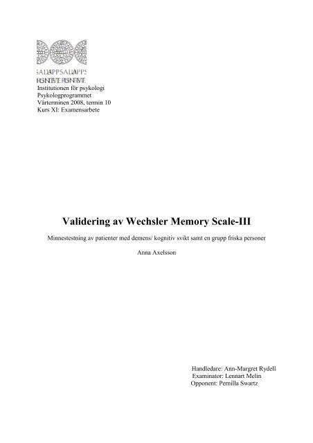 Validering av Wechsler Memory Scale-III - Pearson Assessment