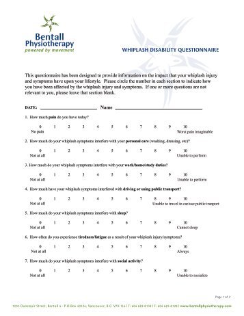 WHIPLASH DISABILITY QUESTIONNAIRE - Bentall Physiotherapy