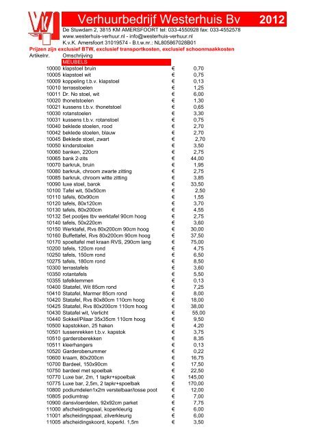 Westerhuis Prijslijst 2012 internet - Westerhuis Verhuur