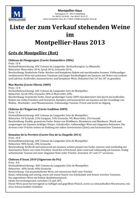 Liste der Weine im MPL-Haus – 2013 - Montpellier-Haus