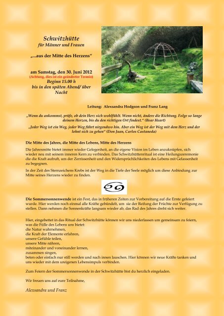 Schwitzhütte Naturheilpraxis Alexsandra Hodgson Franz Lang - 