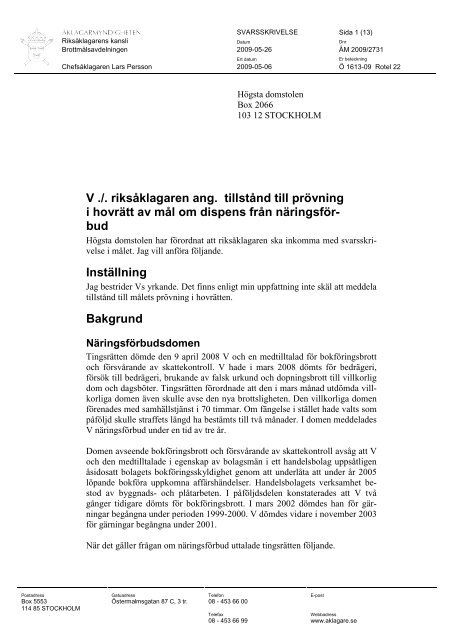 ÅM 2009 2731 Näringsförbud dispensfråga.pdf - Åklagarmyndigheten