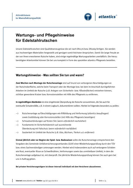 Wartungs- und Pflegehinweise für Edelstahlrutschen - atlantics Gmbh