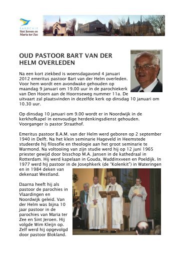 OUD PASTOOR BART VAN DER HELM OVERLEDEN - Maria ter Zee