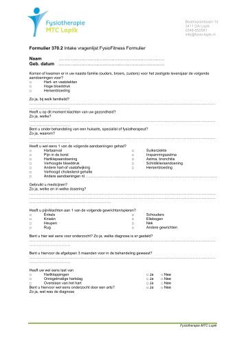 Intakeformulier - Fysiotherapie MTC Lopik