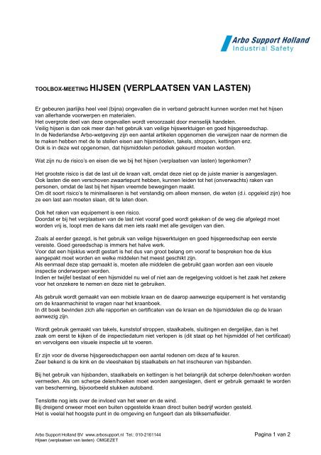 toolbox-meeting hijsen (verplaatsen van lasten) - Arbo Support