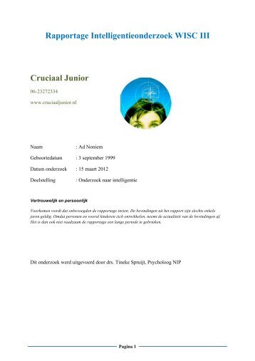 Rapportage Intelligentieonderzoek WISC III Cruciaal Junior