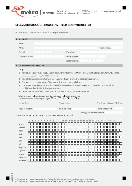 DECLARATIEFORMULIER REISKOSTEN ZITTEND ... - Avéro Achmea