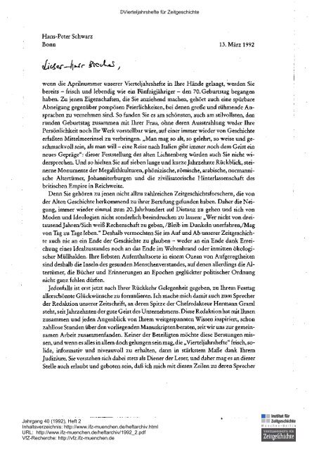 Brief an Karl Dietrich Bracher zum 70. Geburtstag