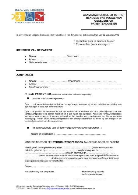 Aanvraag inzage bij leven.pdf - Ziekenhuis Waregem