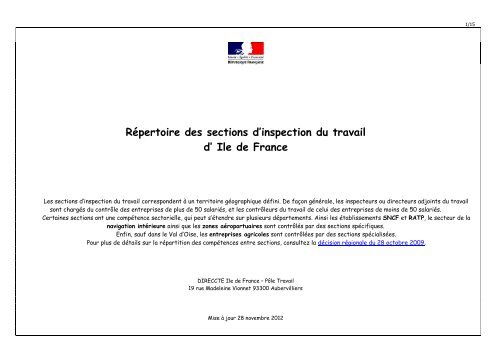 Sections d'inspection d'Ile de France - Direccte