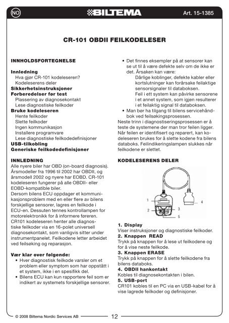 CR-101 OBDII felkODsläsaRe feIlkODeleseR ... - Biltema