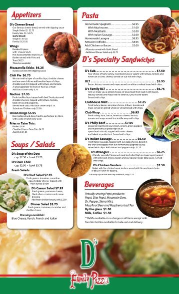 Appetizers Soups / Salads Pasta D's Specialty ... - D's Family Pizza