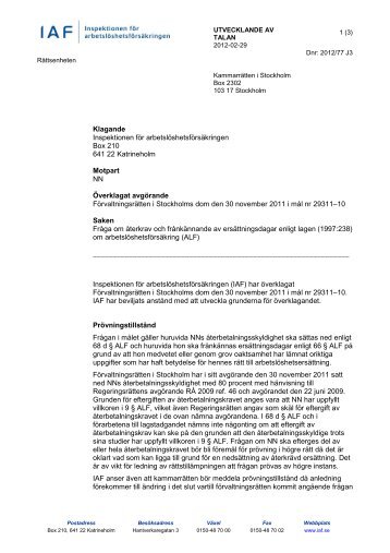 Överklagande av förvaltningsrättens dom mål nr 29311–10 - IAF
