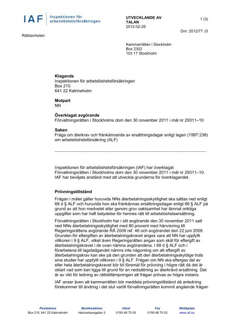 Överklagande av förvaltningsrättens dom mål nr 29311–10 - IAF
