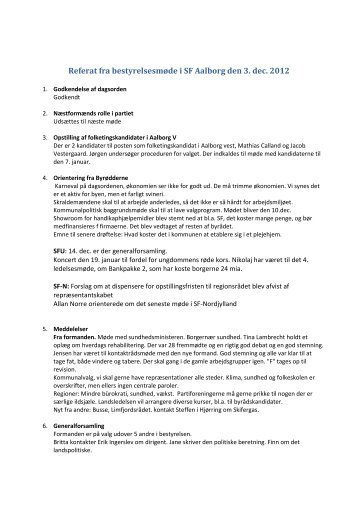 Referat fra bestyrelsesmøde i SF Aalborg den 3. dec. 2012