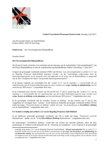 Brief aan Provinciale Staten over het Uitvoeringsbesluit RijnlandRoute
