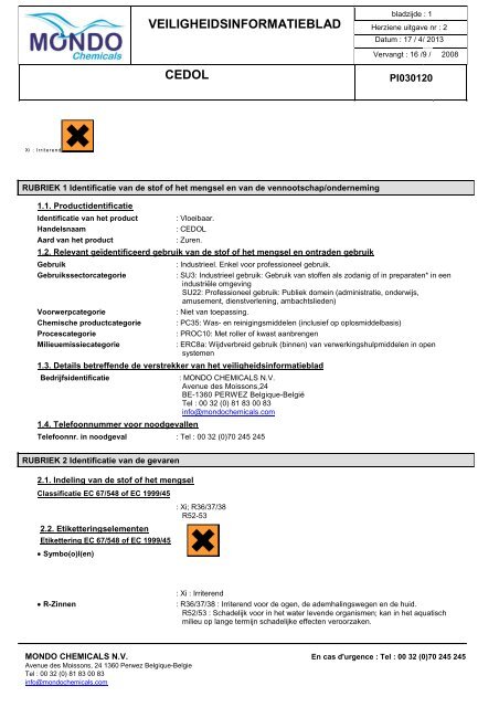 VEILIGHEIDSINFORMATIEBLAD CEDOL - Mondo Chemicals