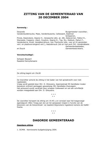zitting van de gemeenteraad van 20 december 2004 - Stad Harelbeke