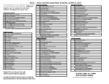 2012 - 2013 SATOR SANCHEZ SCHOOL SUPPLY LIST