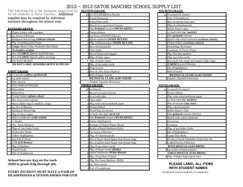 2012 - 2013 SATOR SANCHEZ SCHOOL SUPPLY LIST