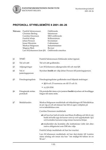 PROTOKOLL STYRELSEMÖTE 8 2001--08--26 - D-sektionen