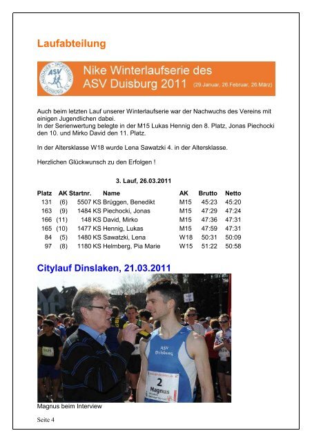 Plattfuß-Online Nr. 5, Ausgabe März 2011 - ASV Duisburg