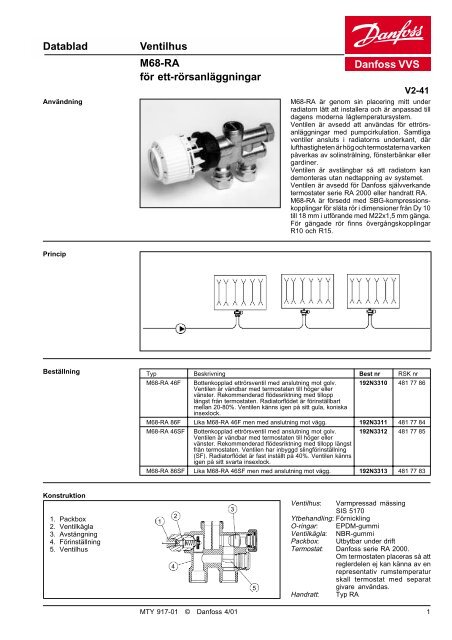 M68 Radiator Knob Danfoss M68-RA 1-rör.pdf - Lenhovda Radiatorfabrik AB