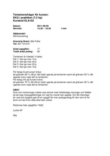 Tentamensfrågor för kursen: EKG i praktiken (7,5 hp) Kurskod ELA102