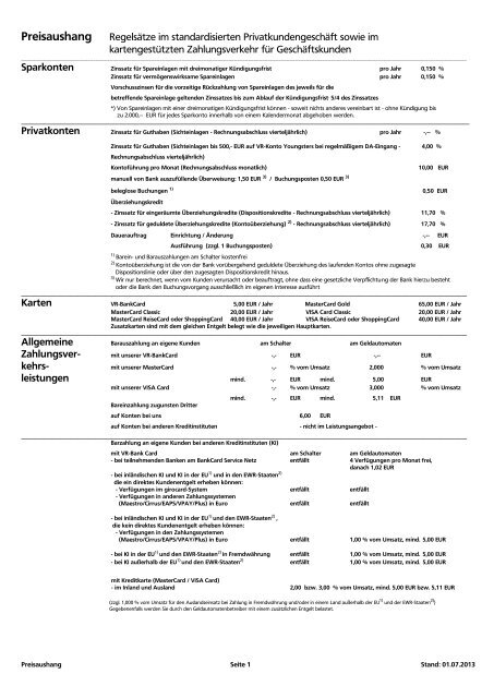 Preisaushang Regelsätze im standardisierten Privatkundengeschäft ...