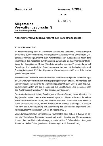 Allgemeine Verwaltungsvorschrift zum AufenthG - Bundesrat