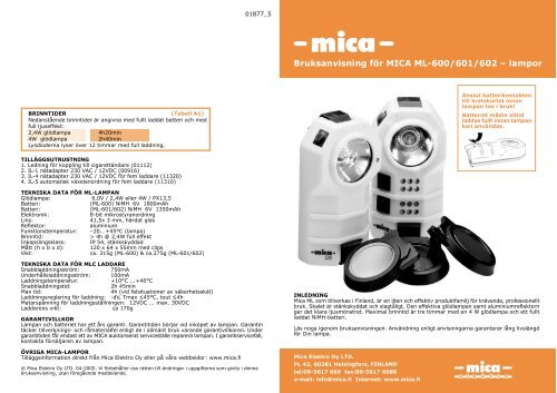 Bruksanvisning för MICA ML-600/601/602 – lampor