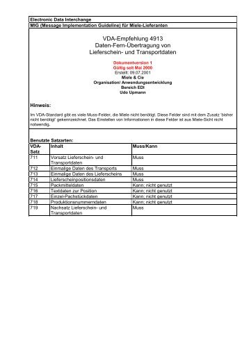 VDA-Empfehlung 4913 Daten-Fern-Übertragung von ... - Miele