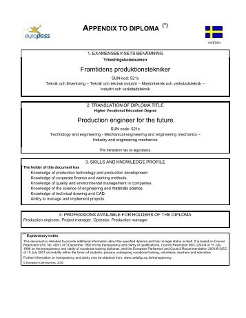 APPENDIX TO DIPLOMA Framtidens produktionstekniker ...