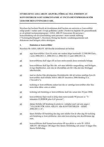 Styrelsens förslag till emission av konvertibler samt ... - Assa Abloy