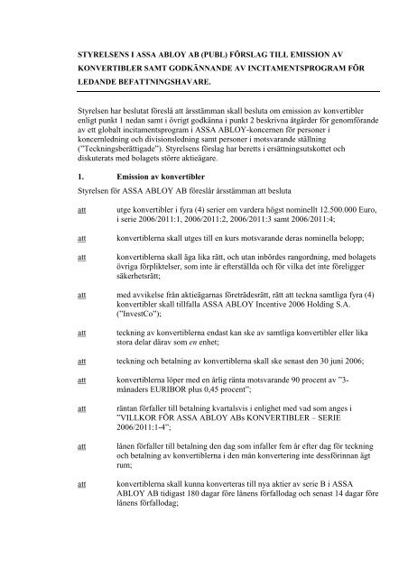 Styrelsens förslag till emission av konvertibler samt ... - Assa Abloy
