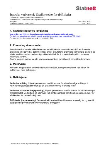Instruks vedrørende Stedfortreder for Driftsleder (.pdf) - Statnett