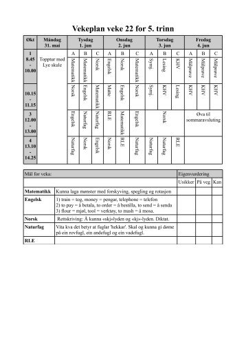 Vekeplan veke 22 for 5. trinn - minbarnehage.no
