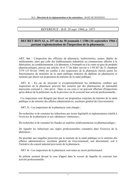 Réglementation de l'inspection de la pharmacie. - Ministère de la ...