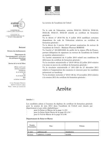 Candidats admis à l'examen du diplôme du CFG - Académie de ...