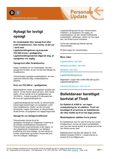 Nybagt far lovligt opsagt Balletdanser berettiget bortvist af Tivoli - DI