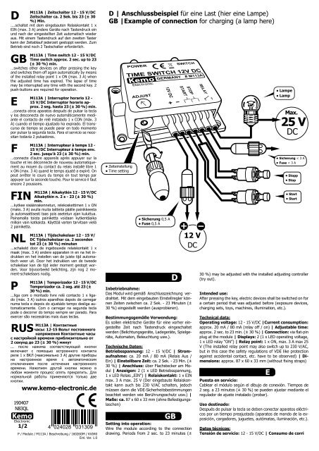 Interruptor de tiempo KEMO M113A 12-15 V