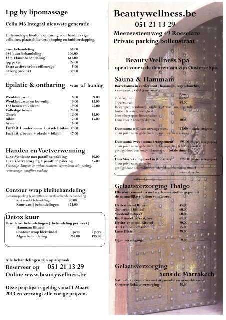 + Prijslijst met alle behandelingen (PDF) - Beauty Wellness Roeselare