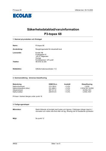 Säkerhetsdatablad/varuinformation P3-topax 68 - Ecolab
