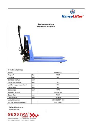 Bedienungsanleitung HanseLifter® Modell E-JF 1. Technische ...